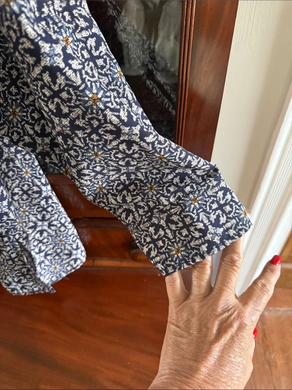 Michael Kors Navy and White Printed Zip-Front Blouse